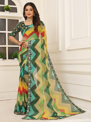 Kanooda Prints Embellished Leheria Chiffon Saree(Multicolor)