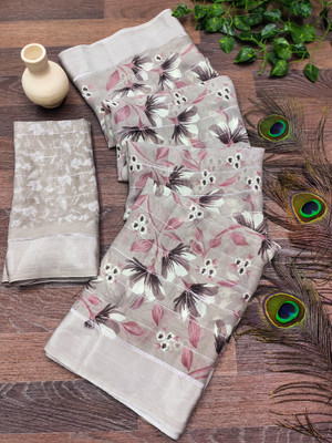 kashvi sarees Floral Print Saree with Attached Blouse Georgette, Satin Saree(Grey)