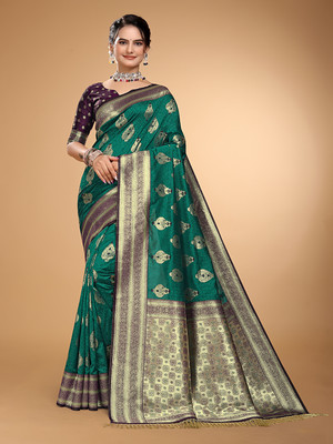 AAGIRI Applique, Dyed, Embellished, Floral Print, Self Design, Woven Banarasi Pure Silk, Jacquard Saree(Light Green)