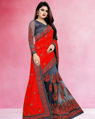 JAYAMENTERPRISE Embroidered Banarasi Lycra, Net Saree(Red)