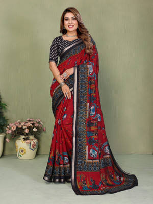 Sarly Printed Bollywood Cotton Blend Saree(Red)
