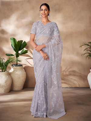 odette Embroidered Saree with Attached Blouse Net Saree(Grey)