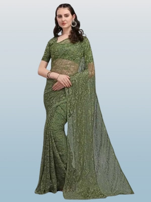 Nexafashion Solid/Plain Bollywood Net Saree(Green)