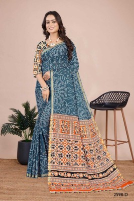 Sindharat Fashion Printed Bandhani Cotton Blend Saree(Blue)