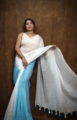 Moumitasaree Solid/Plain Tant Pure Cotton Saree(Light Blue)