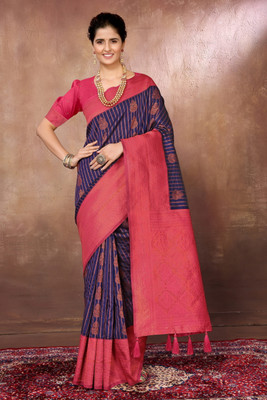 FABMORA Woven, Self Design Banarasi Silk Blend Saree(Dark Blue)