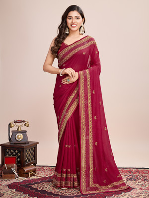 Yogik Creation Floral Print Banarasi Art Silk Saree(Maroon)