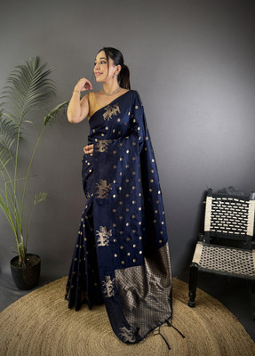 Divastri Printed Banarasi Cotton Silk Saree(Dark Blue)