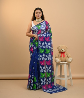 TUYA Woven Jamdani Cotton Silk Saree(Blue)