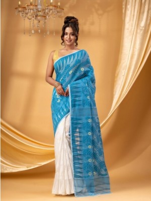 Krishneshwari Self Design, Woven Jamdani Pure Cotton Saree(Light Blue, White)