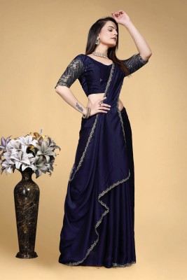 V AMAN FASHION Solid/Plain, Self Design Bollywood Silk Blend Saree(Dark Blue)