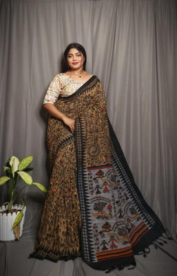 SARATHITEXTILE Hand Painted Handloom Cotton Blend Saree(Cream)