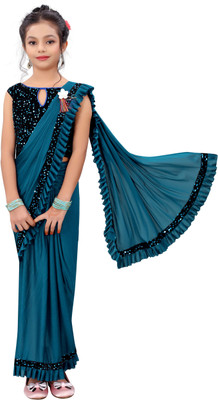 VRAJTEX FAB Solid/Plain Bollywood Lycra Blend Saree(Blue)