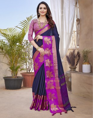 Satrani Woven, Embellished, Self Design Banarasi Cotton Silk Saree(Blue, Gold, Pink)