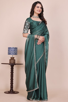 SDGRATITUDE Embroidered, Solid/Plain, Embellished Lucknow Chikankari Chiffon, Art Silk Saree(Dark Green)