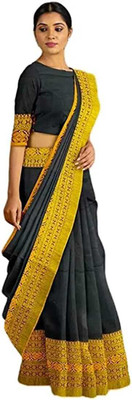 UR Affection Solid/Plain Handloom Pure Cotton Saree(Black, Yellow)