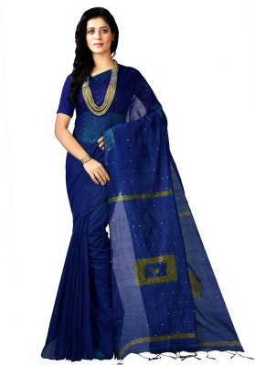 crochetin Woven Handloom Handloom Cotton Blend Saree(Dark Blue)