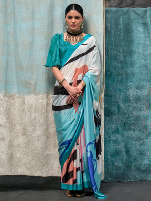 Sareemall Printed Chanderi Crepe Saree(Light Blue)