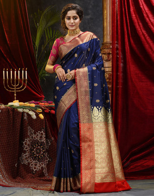 Dulhan Collection Embroidered Banarasi Handloom Satin Saree(Blue)