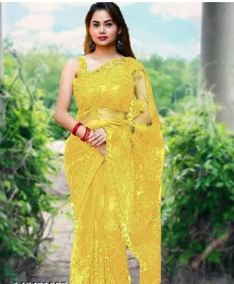 NIYANTAKSH Embroidered Bollywood Net Saree(Yellow)