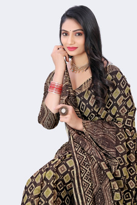 HARIOM FASHION Printed Ikkat Georgette Saree(Brown)