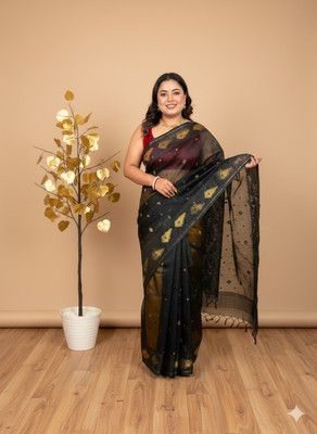 TUYA Woven Jamdani Cotton Silk Saree(Pack of 2, Black)