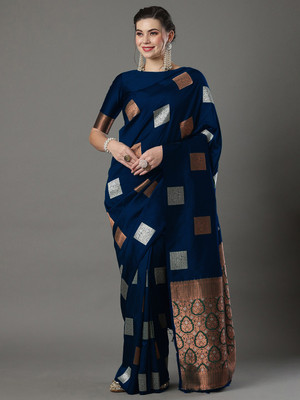 ETHNICHITZ Printed Tant Silk Blend Saree(Dark Blue)