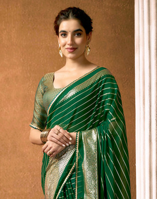 Divastri Striped Bollywood Chiffon, Georgette Saree(Green)