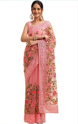 NIYANTAKSH Embroidered Bollywood Net Saree(Pink)