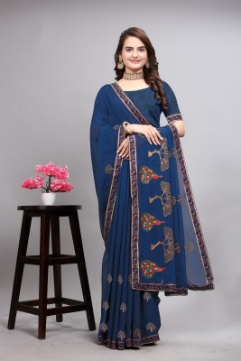 ETHNICRANG Embroidered Daily Wear Chiffon Saree(Blue)