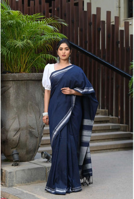 HouseOfCommon Solid/Plain Handloom Cotton Blend Saree(Dark Blue)