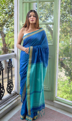 SAPTAK FASHION Solid/Plain Handloom Cotton Blend Saree(Blue)