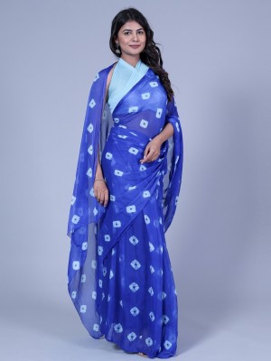 HouseOfCommon Dyed Bandhani Chiffon Saree(Blue, White)