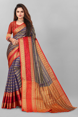 rangbhakti Checkered, Self Design Banarasi Cotton Silk, Silk Blend Saree(Blue)