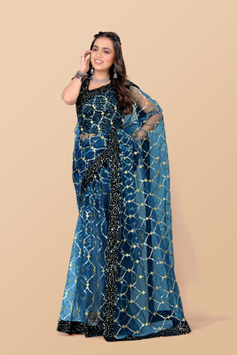 JAY RAMDEV FASHION Embellished Bollywood Net Saree(Pack of 2, Light Blue)