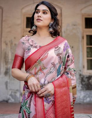 Tasrika Printed, Woven, Embellished Kalamkari Tussar Silk Saree(Beige)