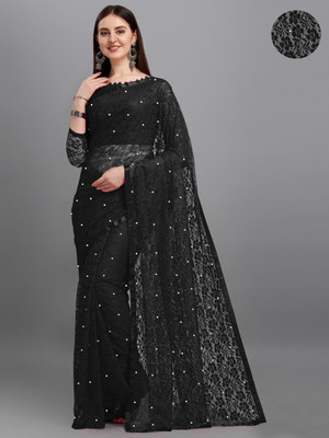 VANRAJ CREATION Self Design Bollywood Net Saree(Black)