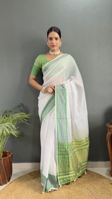 MM VENTURE Striped Chanderi Cotton Blend Saree(Green)