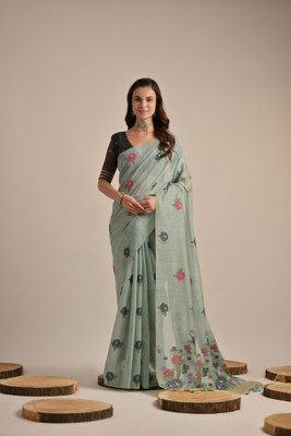 PeachPetals Floral Print, Striped Banarasi Cotton Silk Saree(Green)