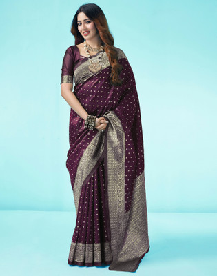 Samah Woven, Embellished Banarasi Jacquard, Silk Blend Saree(Purple, Gold)