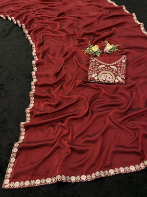 V AMAN FASHION Solid/Plain, Self Design Bollywood Silk Blend Saree(Maroon)