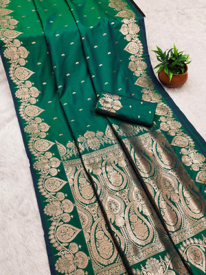 SHREEKHODIYARST Woven Banarasi Jacquard, Pure Silk Saree(Green)