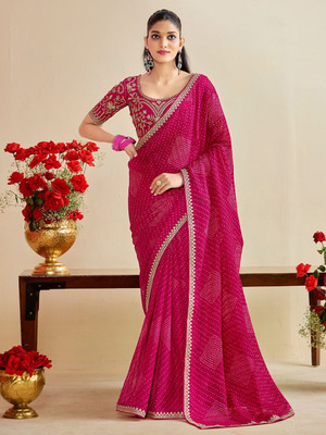 RAJESHWAR FASHION Printed Bandhani Silk Blend Saree(Pink)