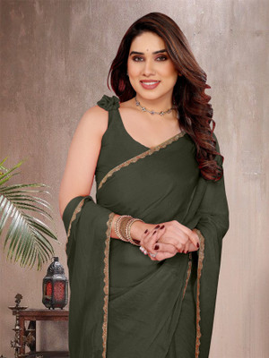 Trend Mahal Solid/Plain Bollywood Jimmy choo Saree(Green)