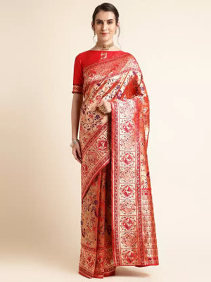 SareeChic Woven Kanjivaram Silk Blend Saree(Red)