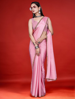 G GAJAL INTERNATIONAL Solid/Plain Saree with Attached Blouse Chiffon Saree(Pink)