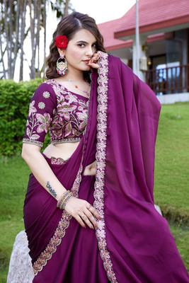 K 5 FASHION Embroidered Bollywood Chiffon Saree(Purple)