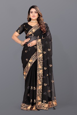 HHK FASHION Embroidered Bollywood Georgette Saree(Black)