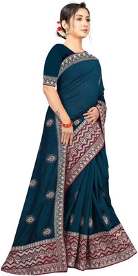 Ekliva Embroidered, Embellished, Self Design Bollywood Cotton Blend Saree(Blue, Red)