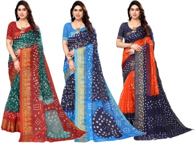 Hema Silk Mills Printed Bandhani Cotton Blend Saree(Pack of 3, Green, Dark Blue, Orange)